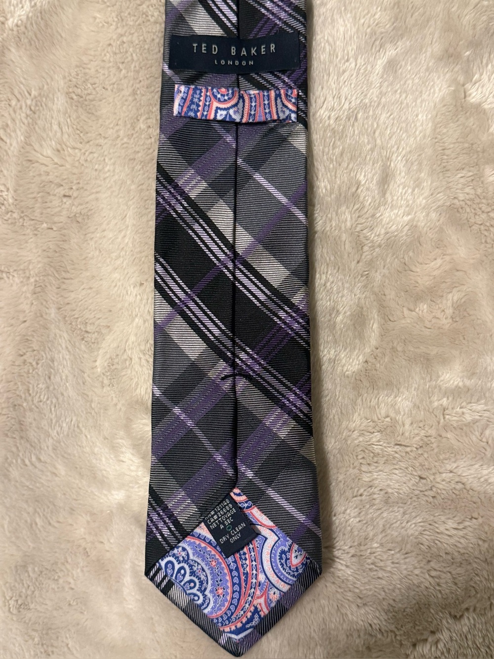 Ted Baker London 100% Silk Necktie Gray Black Purple Handmade USA Designer Tie